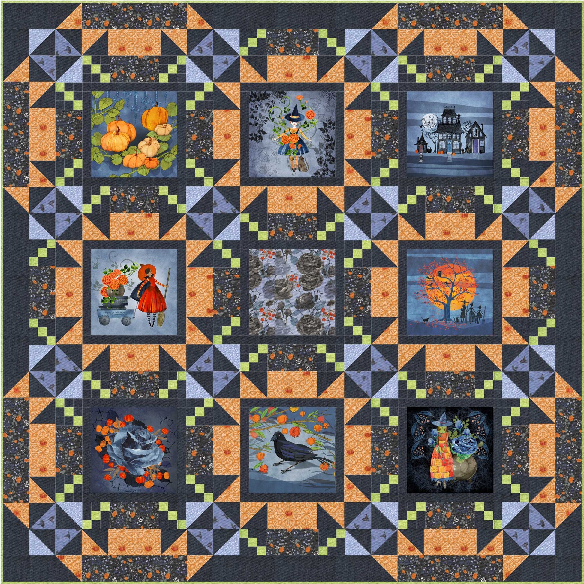 Quilt with Halloween-themed blocks featuring pumpkins, and cats on a dark background.