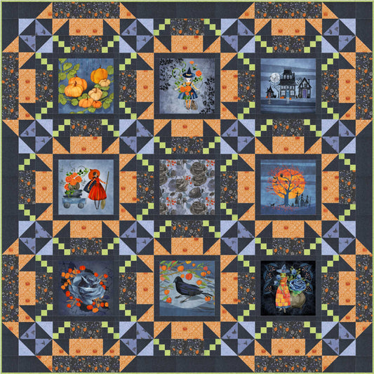 Quilt with Halloween-themed blocks featuring pumpkins, and cats on a dark background.