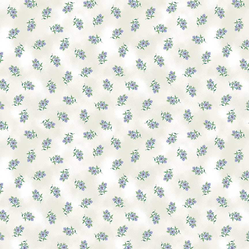 Pattern of small purple flowers on a white background