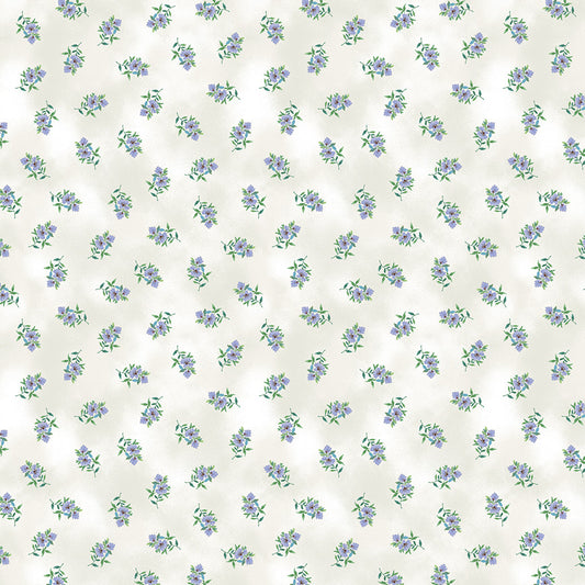 Pattern of small purple flowers on a white background